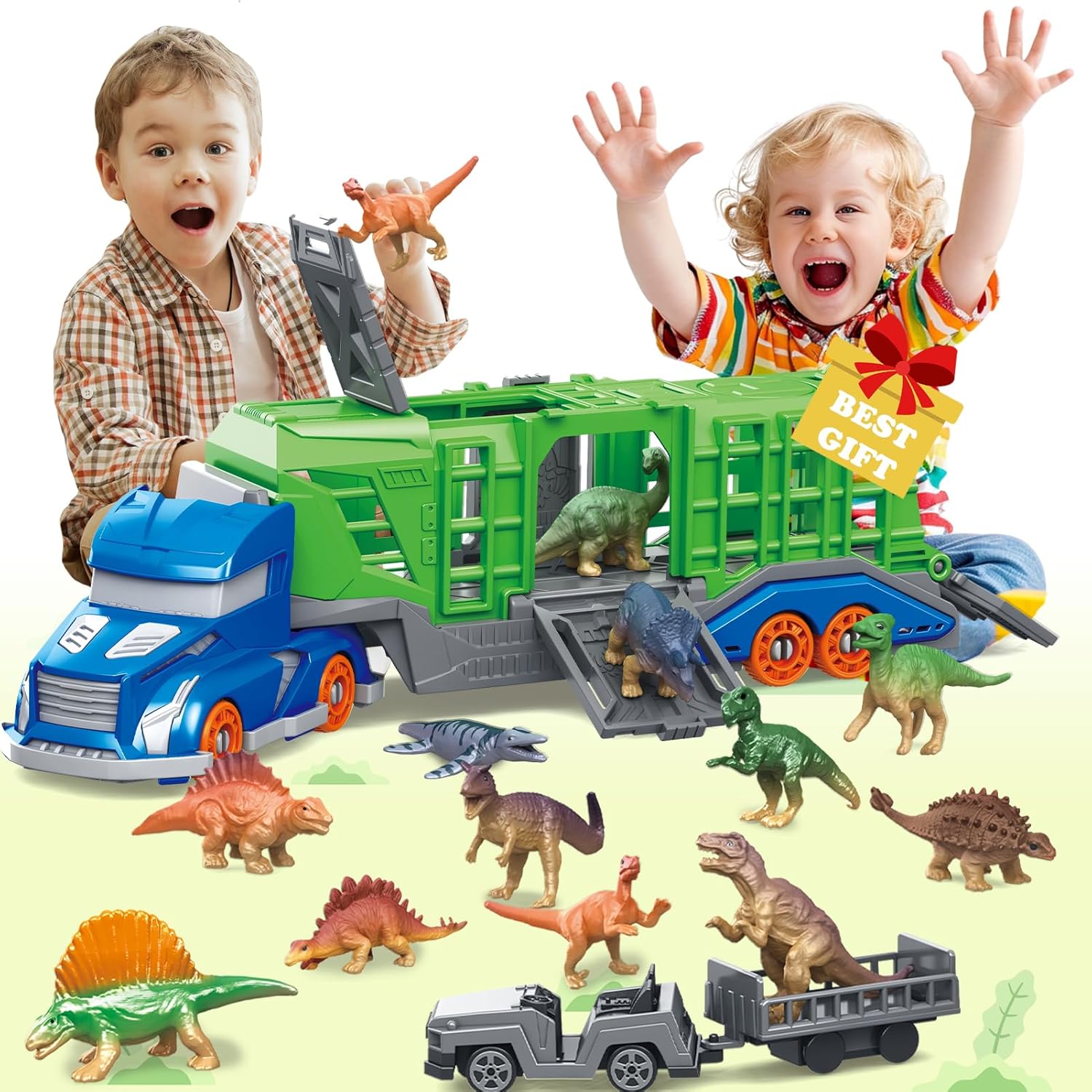 Kids Toys Videos - ชุดของเล่นรถขนส่งสัตว์ไดโนเสาร์ประกอบด้วยรถขนส่ง 1 คัน, ไดโนเสาร์หรือสัตว์ 12 ตัว,
