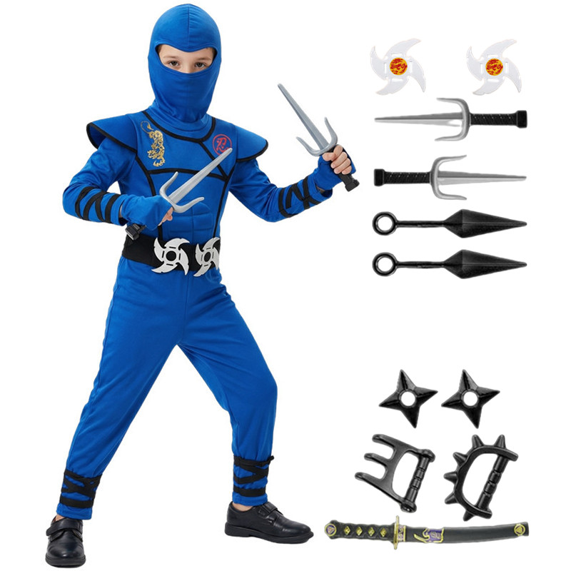 Kids Toys Boys - ชุดนินจาสีดำและสีน้ำเงินสำหรับเด็ก ชุดคอสเพลย์ปาร์ตี้ฮาโลวีน พร้อมหน้ากากของเล่น ของขวัญสำหรับเด็กชายและเด็กหญิง ชุดแฟนซีสำหรับงานปาร์ตี้วันหยุด