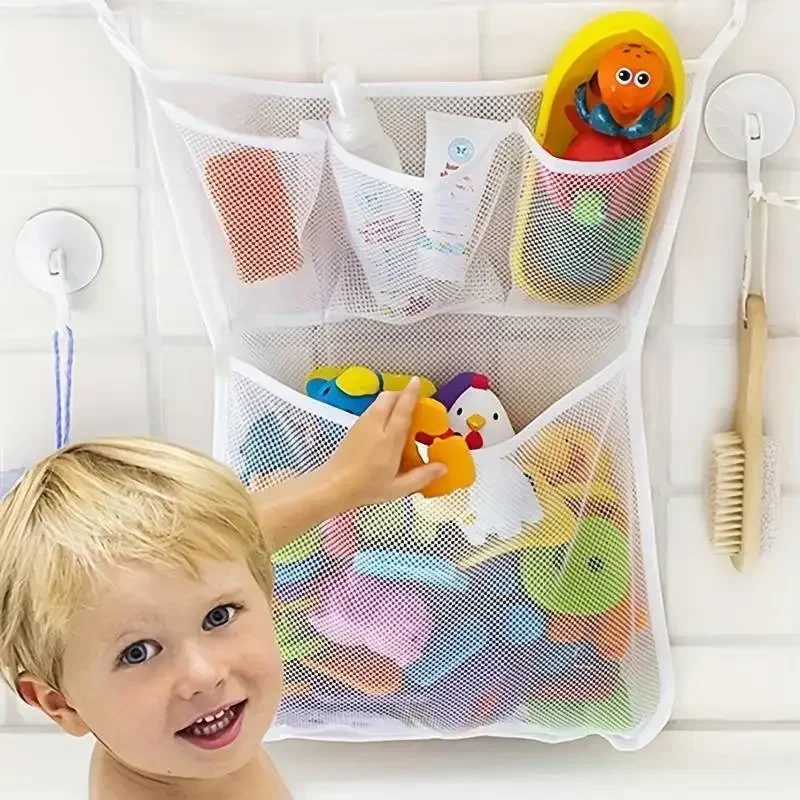 Kids Storage Toys - ถุงตาข่ายเก็บของเล่นในห้องน้ำ สำหรับเด็กทารก ของเล่นอาบน้ำ สีขาว พร้อมถ้วยดูดสุญญากาศอย่างดี
