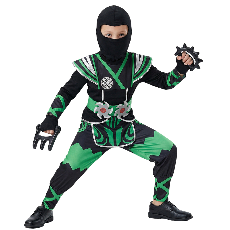 Kids Toys Boys - ชุดนินจาสีเขียวสำหรับเด็กพร้อมชุดของเล่น 9 ชิ้น ชุดเล่นบทบาทฮาโลวีน ชุดซามูไร นักรบสวมหน้ากาก