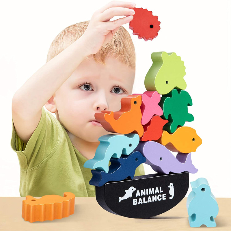 Kids Toys Videos - เด็กใหม่ Montessori สัตว์ไม้ BALANCE Blocks เกมกระดานของเล่นไดโนเสาร์การศึกษาซ้อนอาคารสูงบล็อกไม้ของเล่น