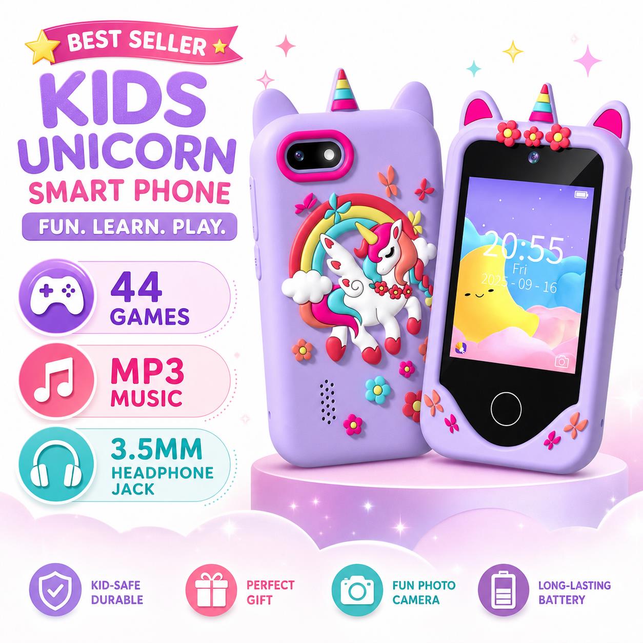Kids Toys Smartphone - โทรศัพท์ของเล่นอัจฉริยะสำหรับเด็ก พร้อมเกมปริศนา 44 เกม เครื่องเล่น MP3