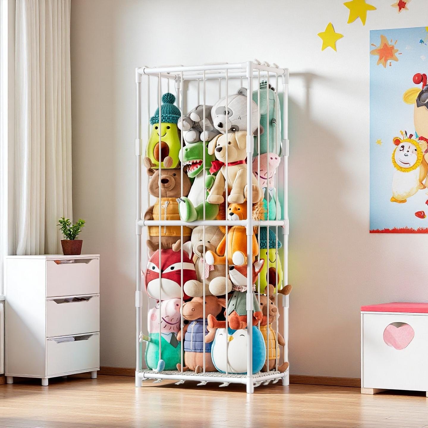 Kids Storage Toys - ที่เก็บของแนวตั้งสำหรับตุ๊กตาสัตว์ ชั้นวางของเล่นตุ๊กตาธีมสวนสัตว์ โครงเหล็กประหยัดพื้นที่พร้อมตาข่ายยืดหยุ่น ชั้นวางมุมแบบตั้งอิสระสำหรับจัดเก็บของในห้องเด็กเล่น ห้องนอนเด็ก ห้องเด็กอ่อน