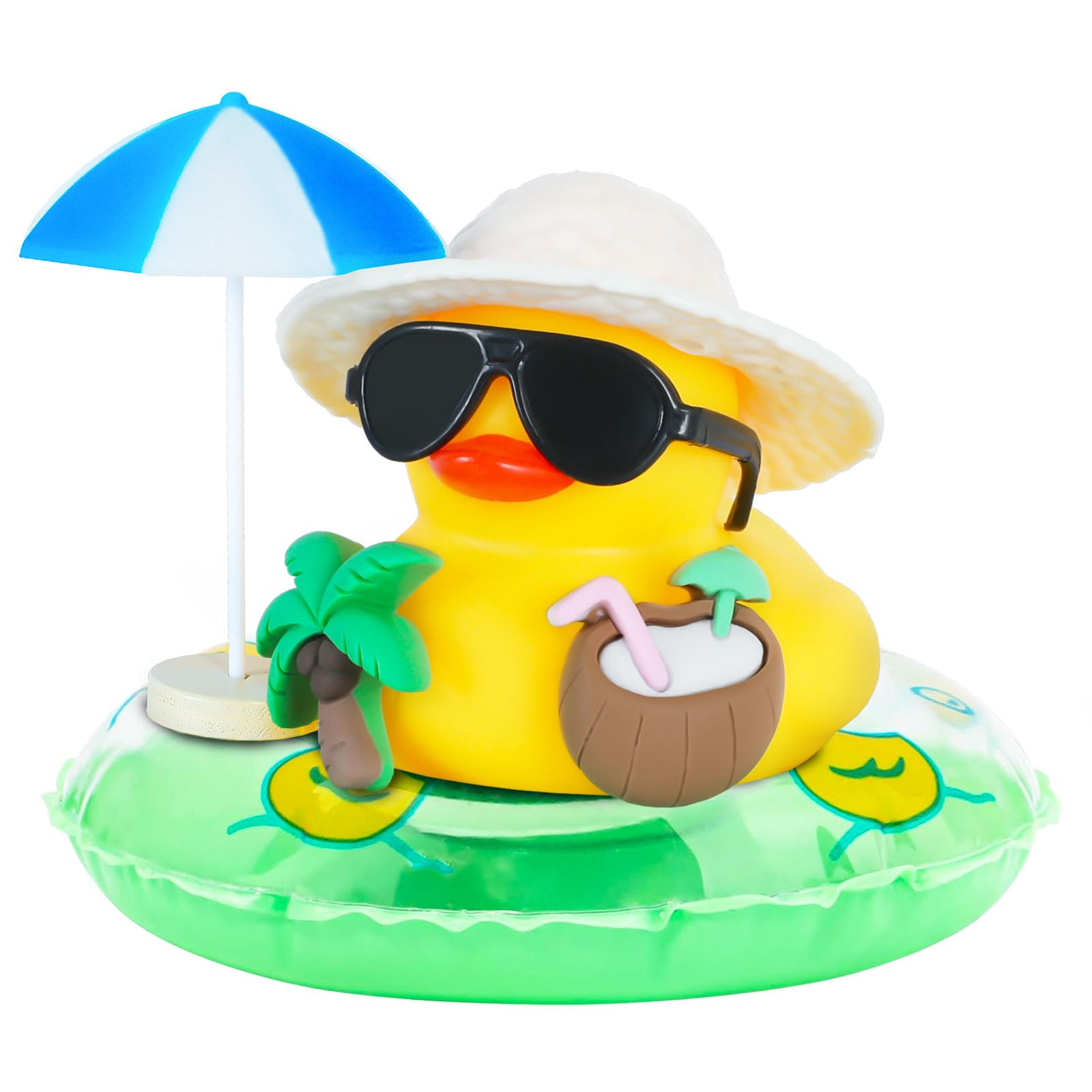 Rubber Duck Bath - เป็ดยางเครื่องประดับรถเป็ดส่งเสียงดังเอี้ยแดชบอร์ดรถตกแต่งด้วยร่มแว่นกันแดดมะพร้าว