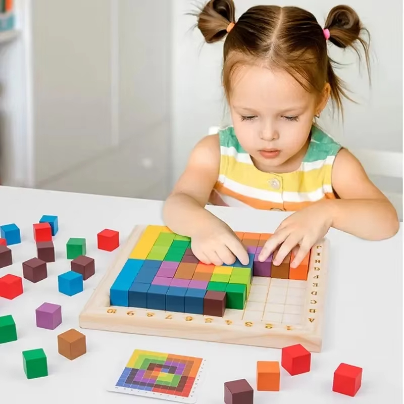 Kids Toys Under 100 - มอนเตสซอรี่ บล็อกไม้เสริมพัฒนาการ ฝึกนับสี ตัวต่อจิ๊กซอว์ 10*10 ชิ้น