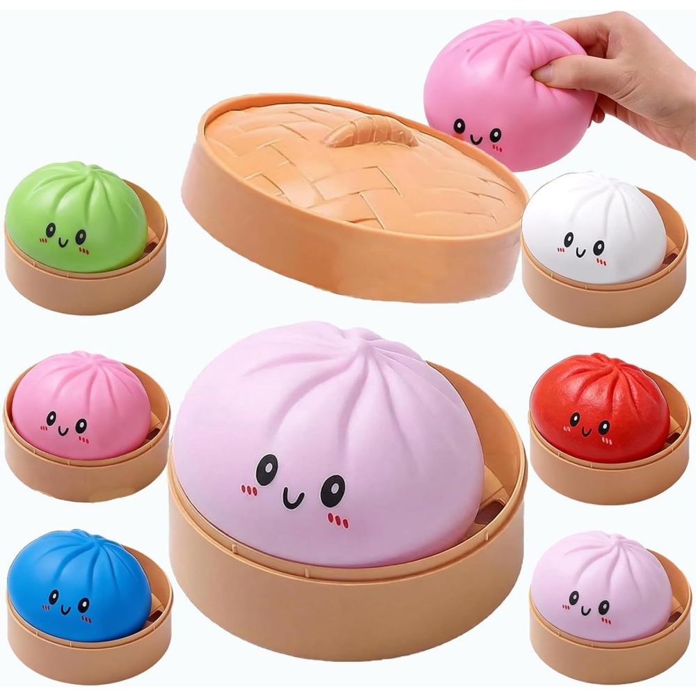 Kids Toys Dumplings - ลูกบอลบีบคลายเครียดรูปซาลาเปาขนาดใหญ่ พร้อมที่นึ่ง ของเล่นบีบสีสันสดใส บรรเทาความวิตกกังวล สำหรับผู้ใหญ่และเด็ก